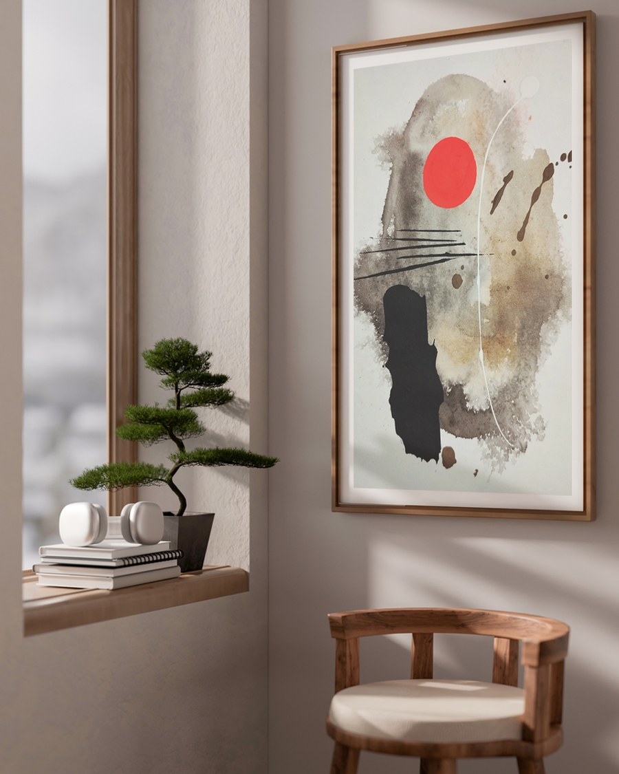 A poster of a Abstract japandi art with red sun and textures