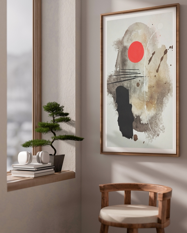 A poster of a Abstract japandi art with red sun and textures