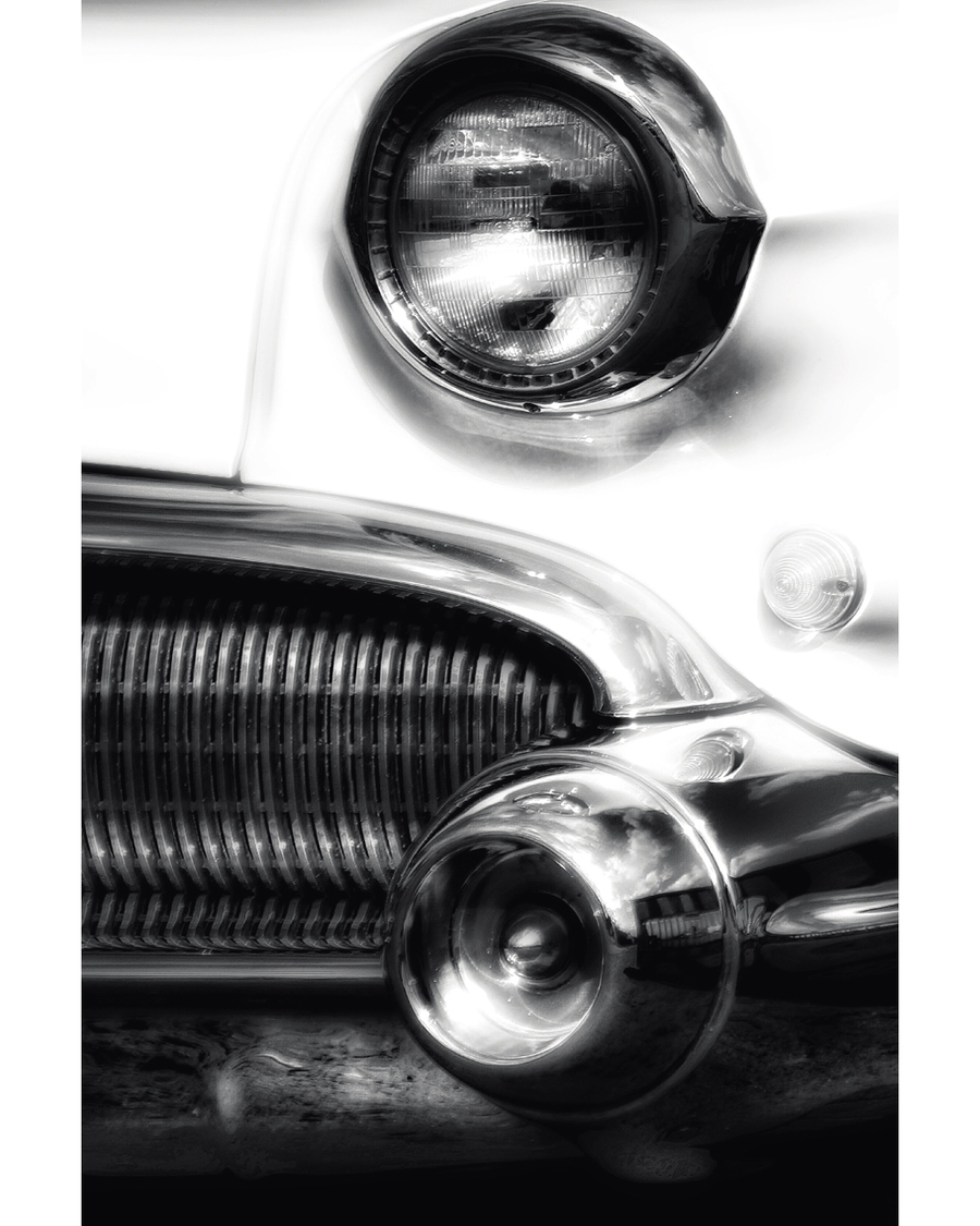 Black and white close up of classic car front