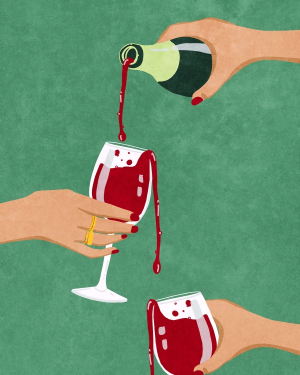 Illustration of hands holding wine glasses with red wine overflowing, bottle pouring, on a green background