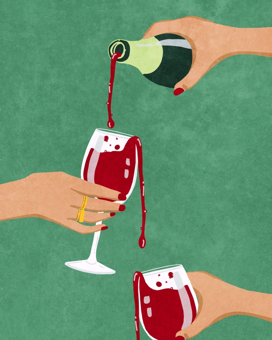Illustration of hands holding wine glasses with red wine overflowing, bottle pouring, on a green background
