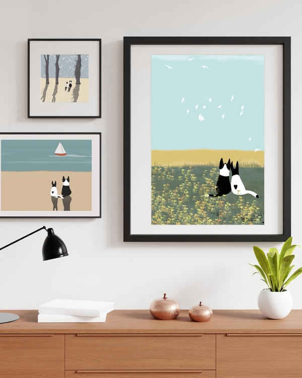 A poster of a Illustrated cats lying in field watching birds