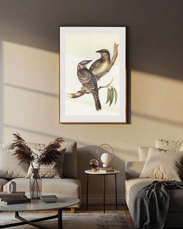 A poster of a Illustrated birds sitting together on tree branch