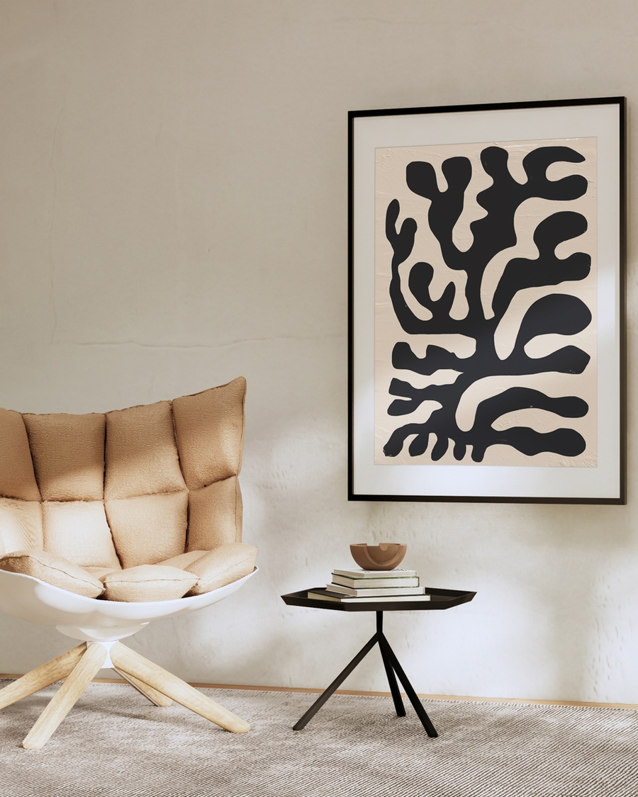 A poster of a Abstract black organic shapes on beige textured background