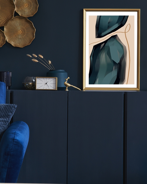 A poster of a abstract teal shapes with golden line on beige