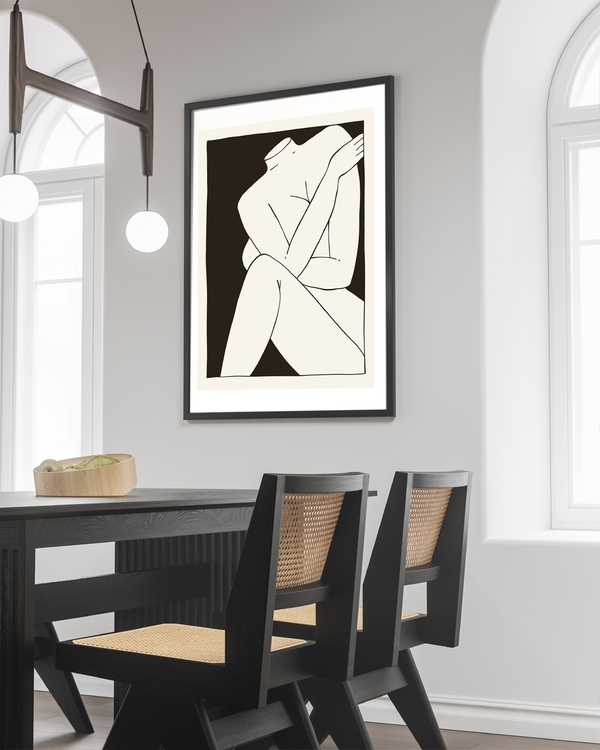 A poster of a minimalist abstract nude line art in beige tones.