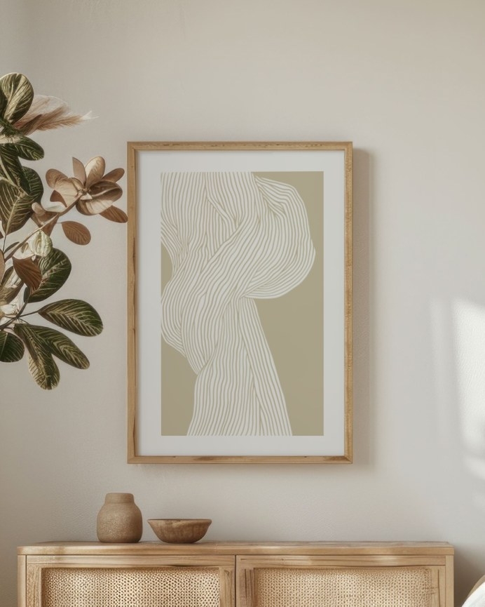 Woven Veil poster in a light oak frame above a rattan sideboard in a serene bedroom