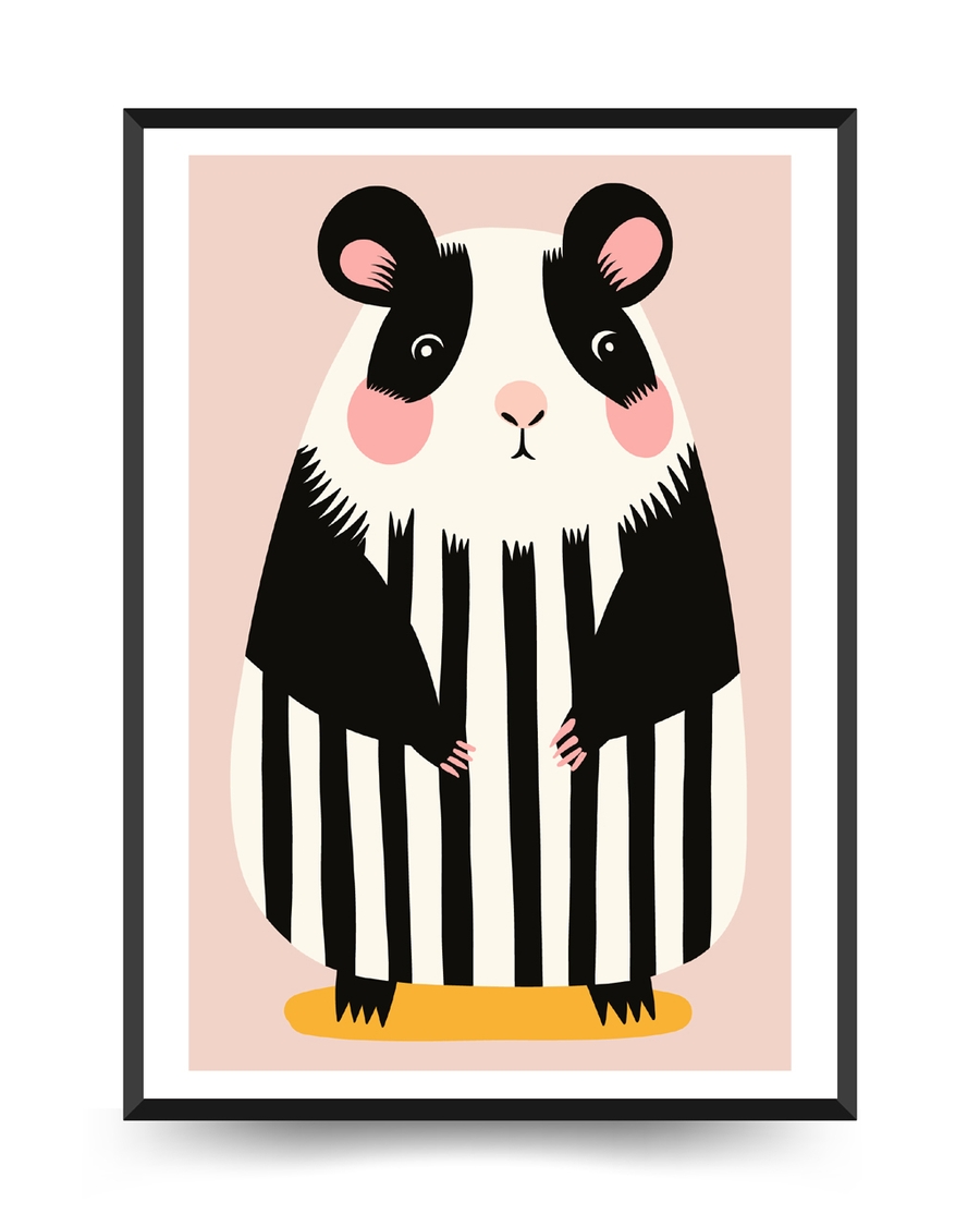 A poster of a Striped black and white creature on pink background