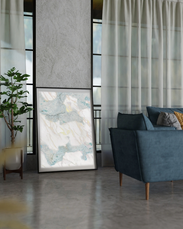 A poster of a Abstract marble texture in white blue and soft gold