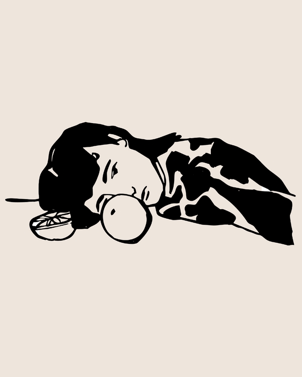 Minimalist black-and-white art of person with citrus