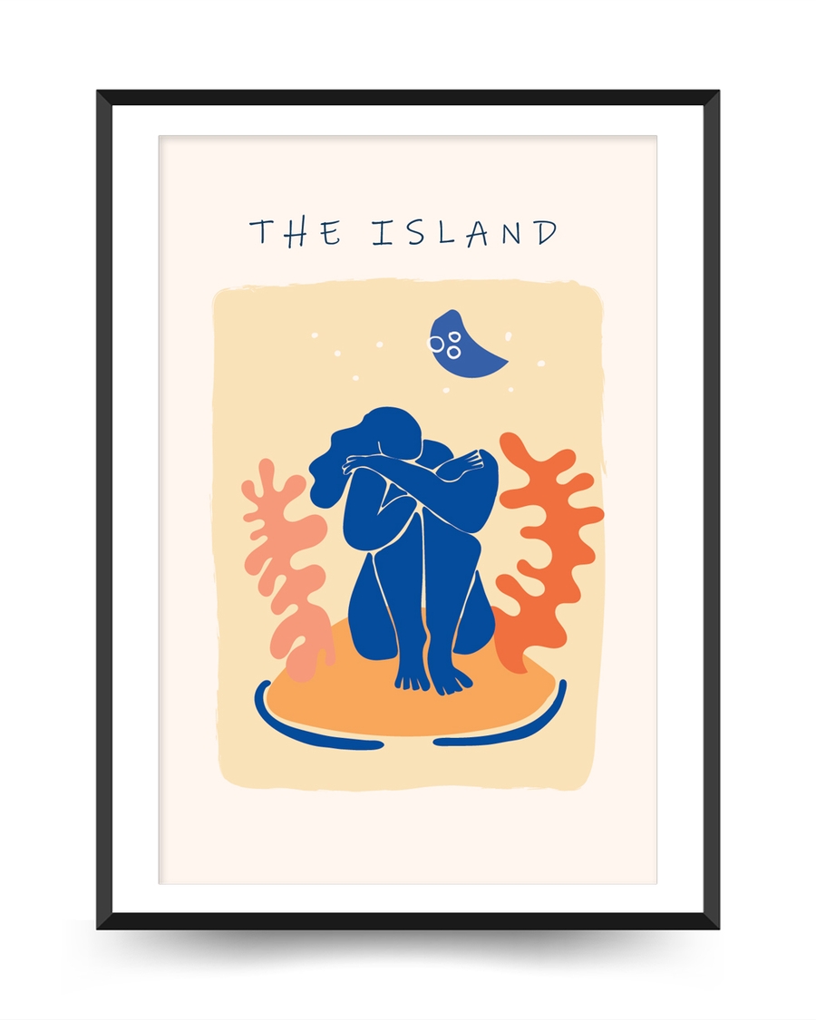 A poster of a Abstract blue figure sitting on island under moon