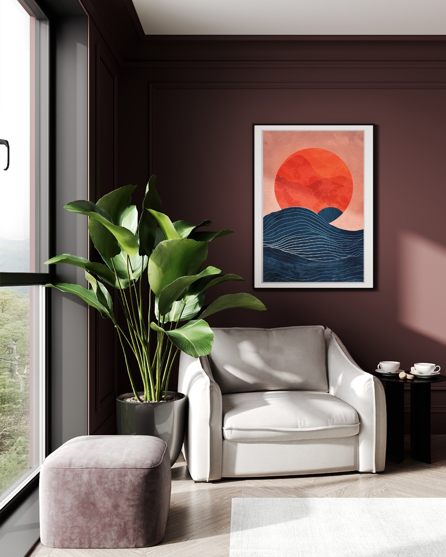 A poster of a Japandi waves with red sun and texture