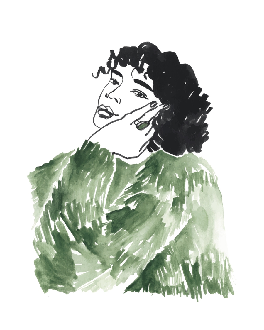 Painted figure in green tones with expressive brushstrokes