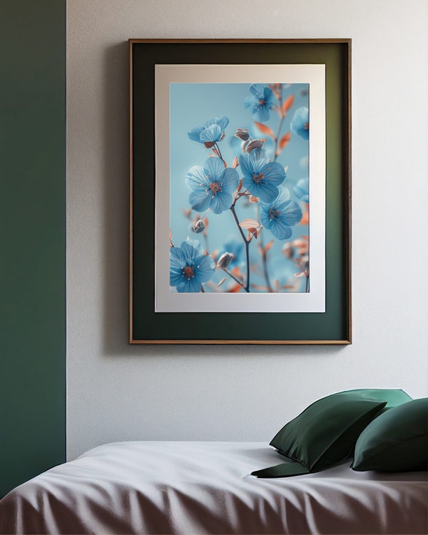 A poster of a Soft blue flowers with warm botanical accents