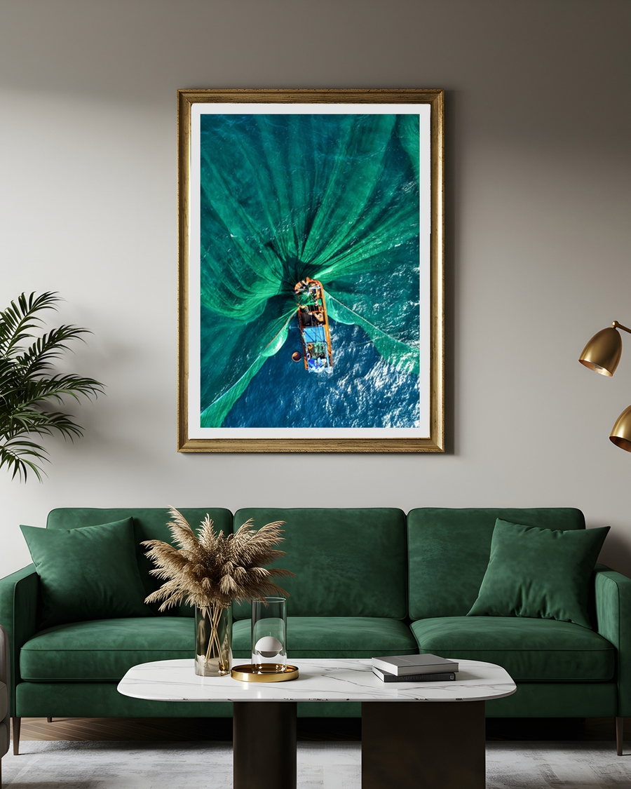 A poster of a Aerial view of fishing boat with green nets spread