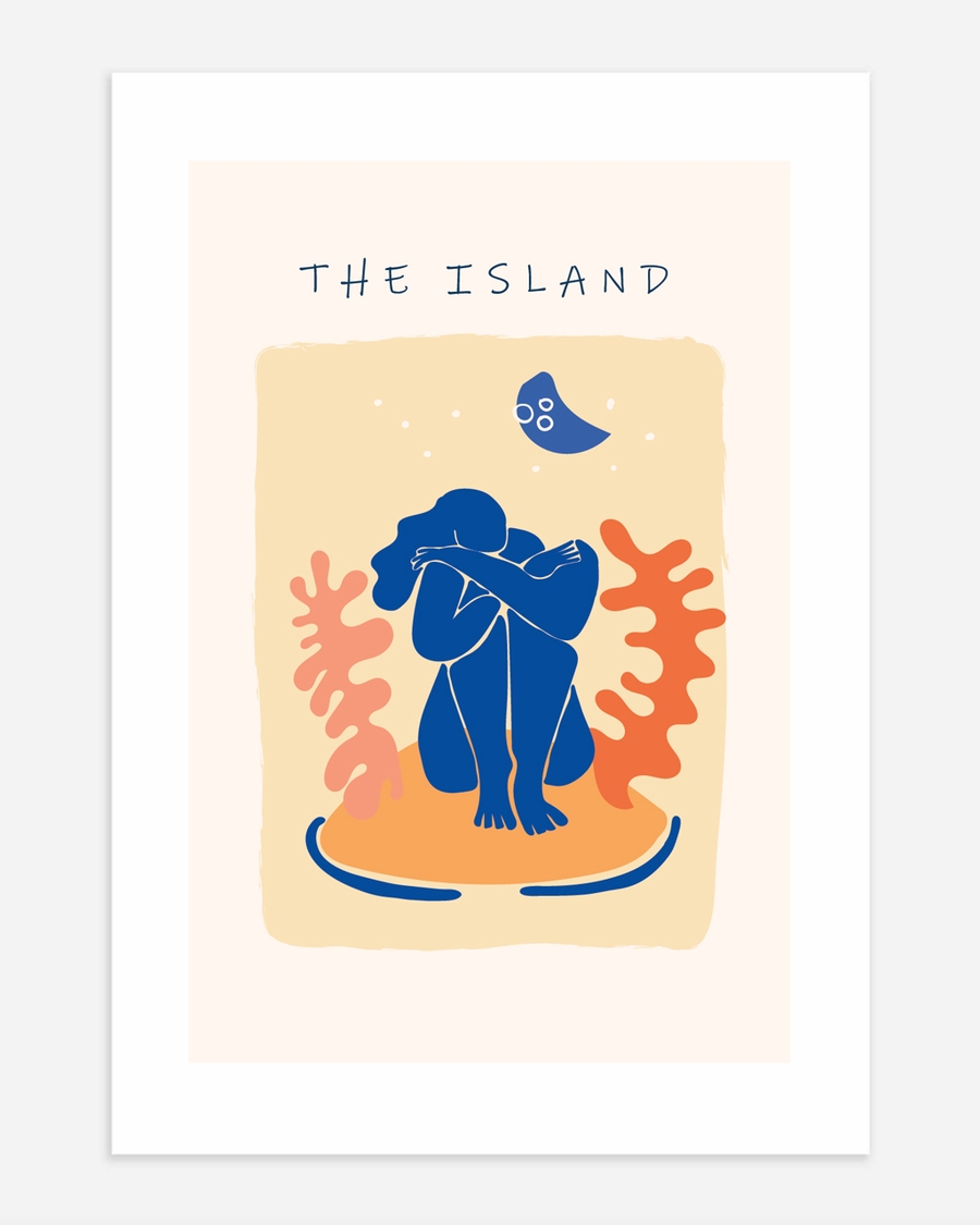 A poster of a Abstract blue figure sitting on island under moon