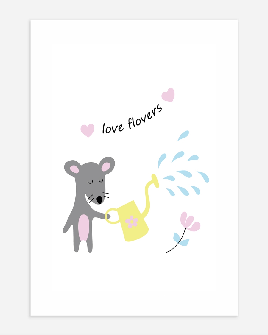 A poster of a Mouse illustration watering flowers with love text