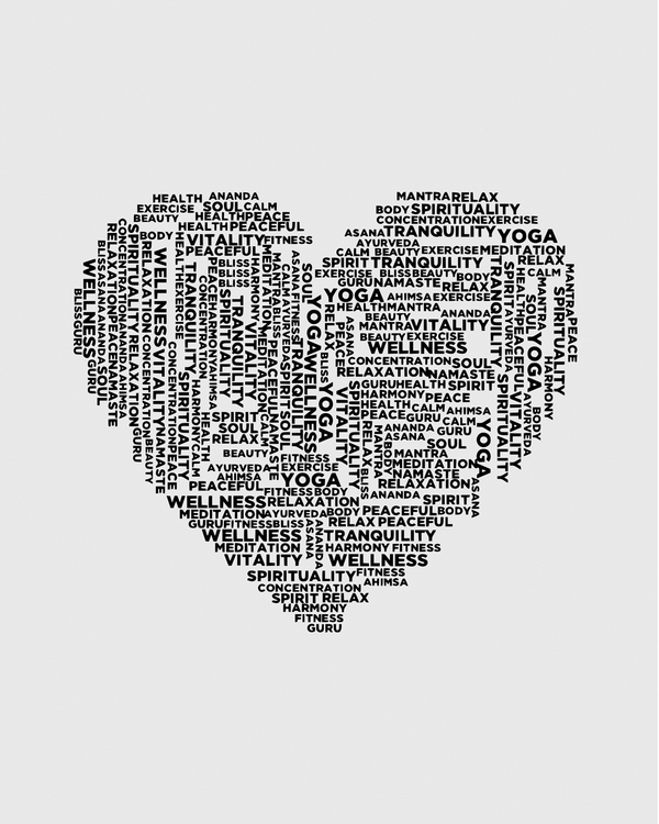A heart shaped figure filled with mindful words such as love and yoga