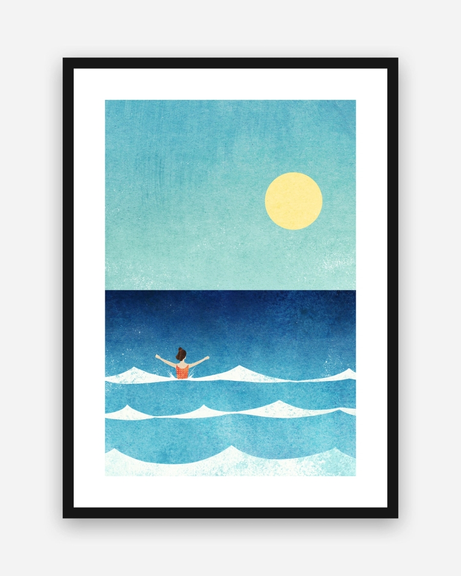 Summer Swim poster with a white border in a black frame