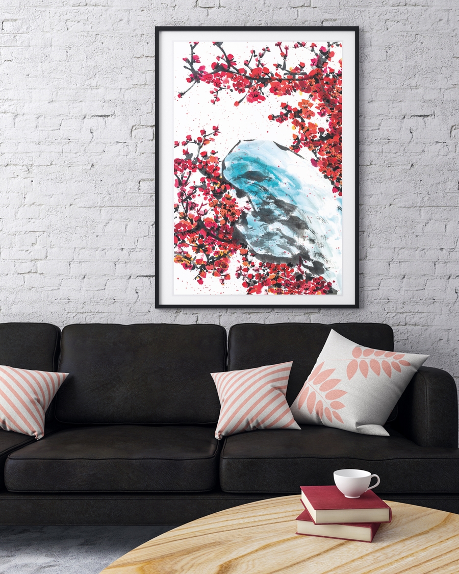 A poster of a Abstract japandi art with red blossoms and blue forms