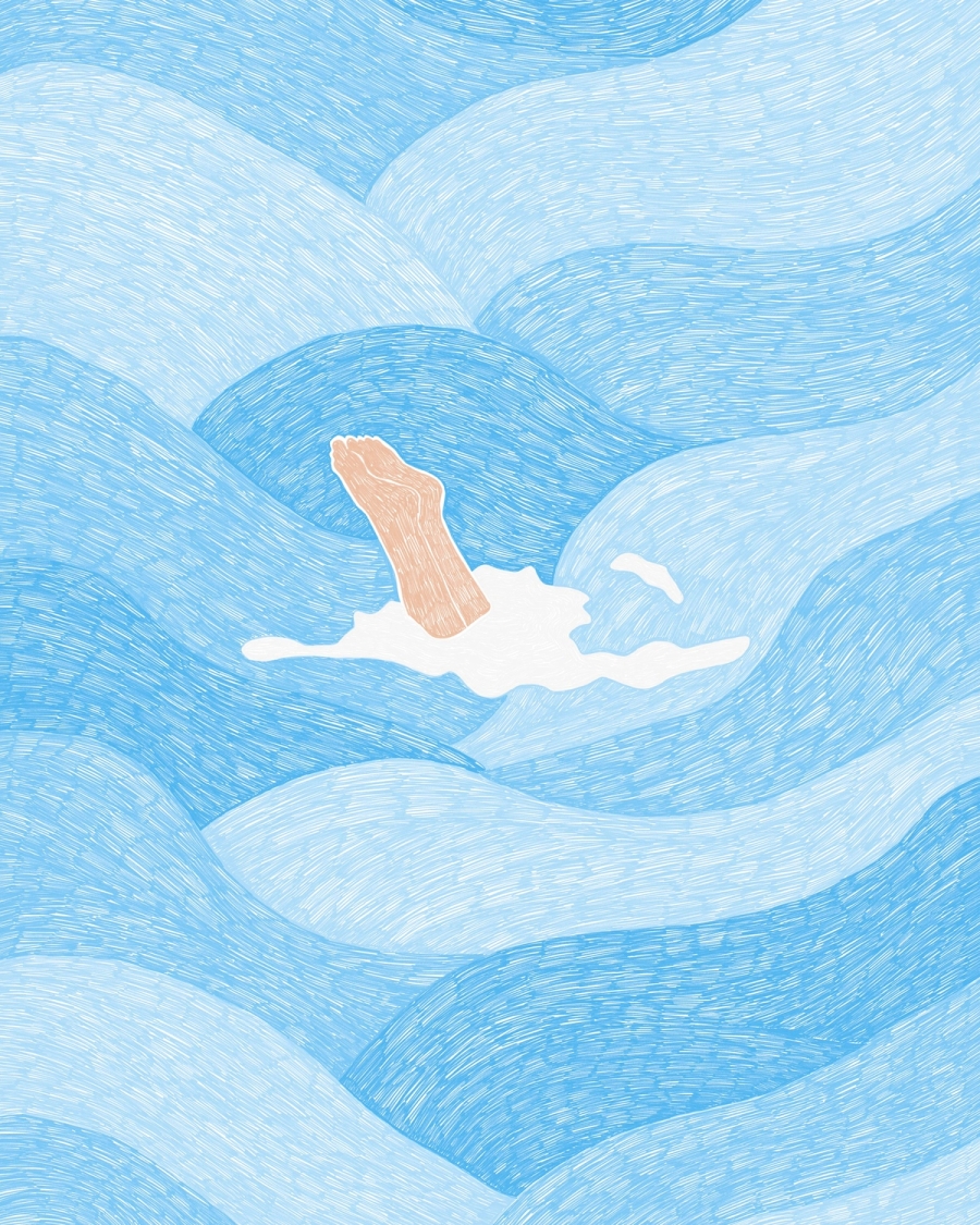 Illustration of a bare leg rising from white foam among hatched light blue waves