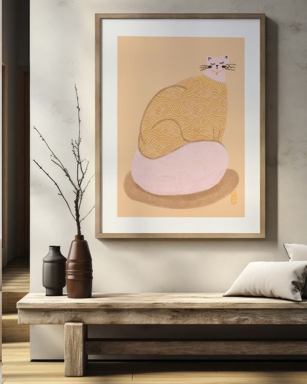 Mustard Knit Cat poster in a light wood frame above a rustic wooden bench in a minimal hallway