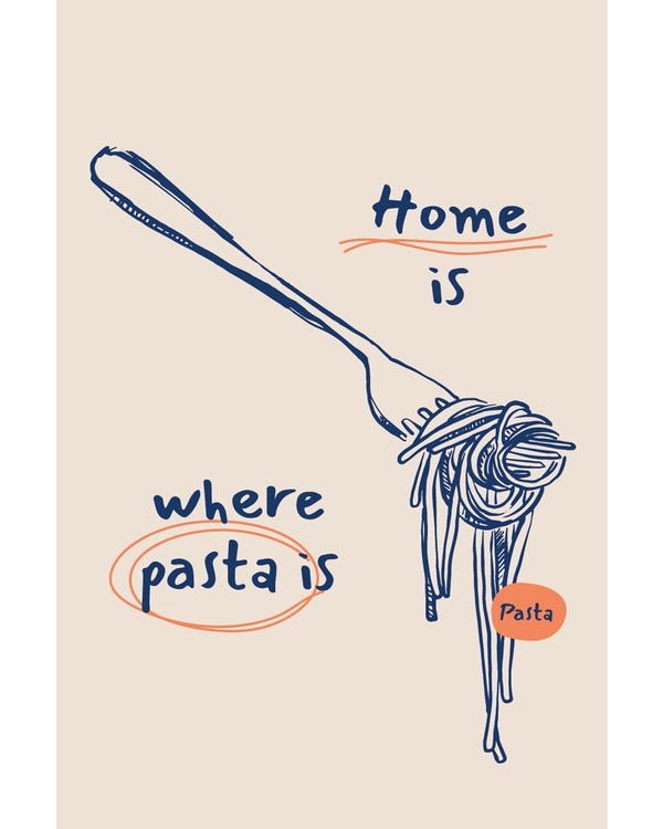 Fork twirling pasta with home is where text
