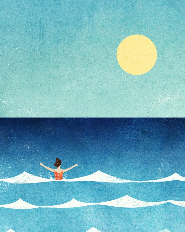 Illustration of a swimmer with raised arms among white-crested waves under a pale yellow sun