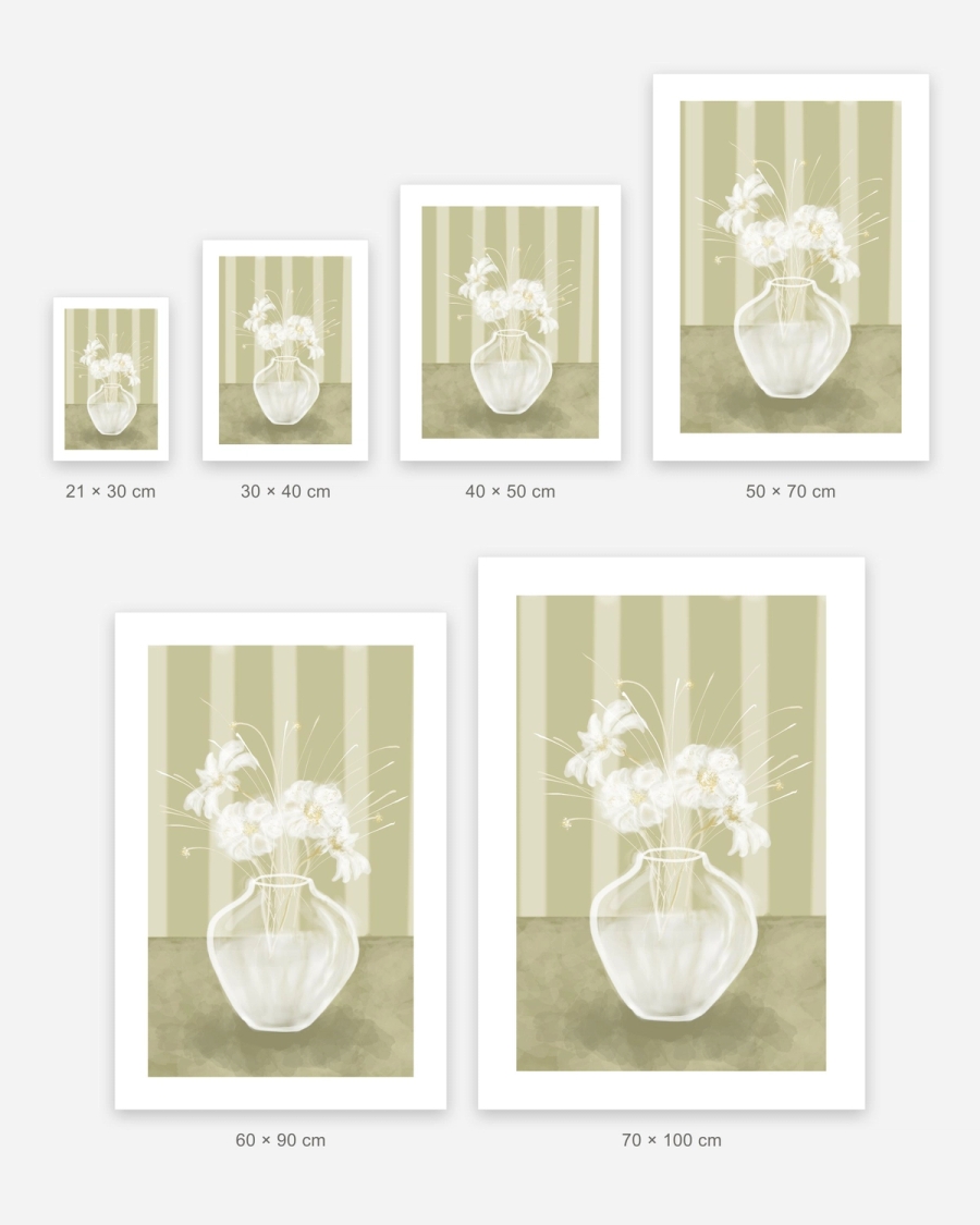 White Blooms in Glass poster in 6 sizes, shown to scale: 21 × 30, 30 × 40, 40 × 50, 50 × 70, 60 × 90 and 70 × 100 cm