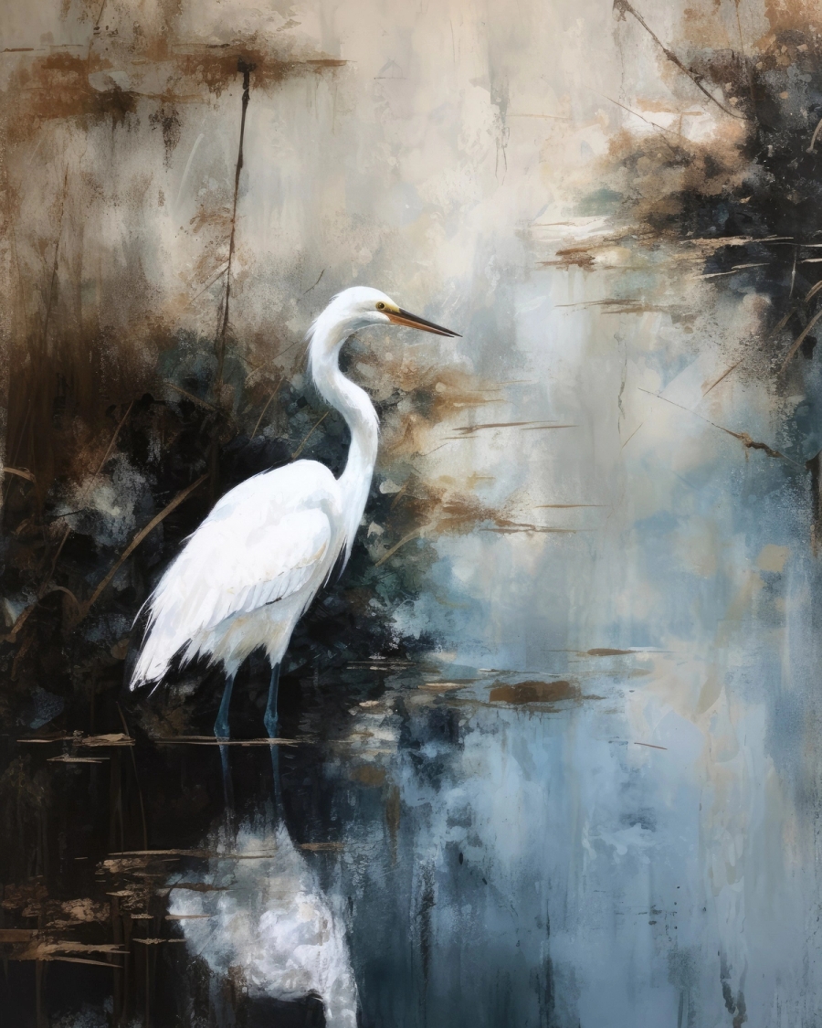 Painted white egret standing in dark shallow water with a blurred reflection, in beige and slate blue