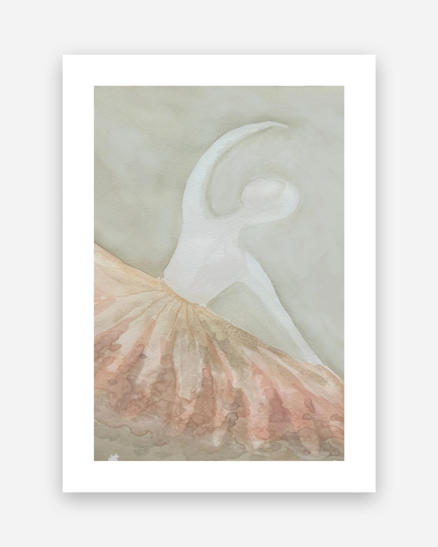 Peach Tulle Dancer poster with a white border, unframed on a light gray background
