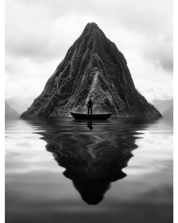 Silhouette in boat with mountain reflection in water
