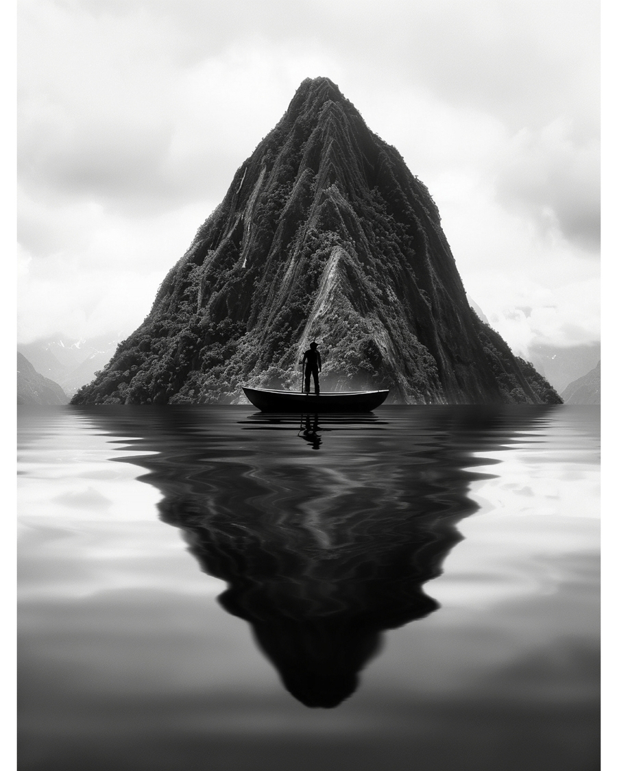 Silhouette in boat with mountain reflection in water