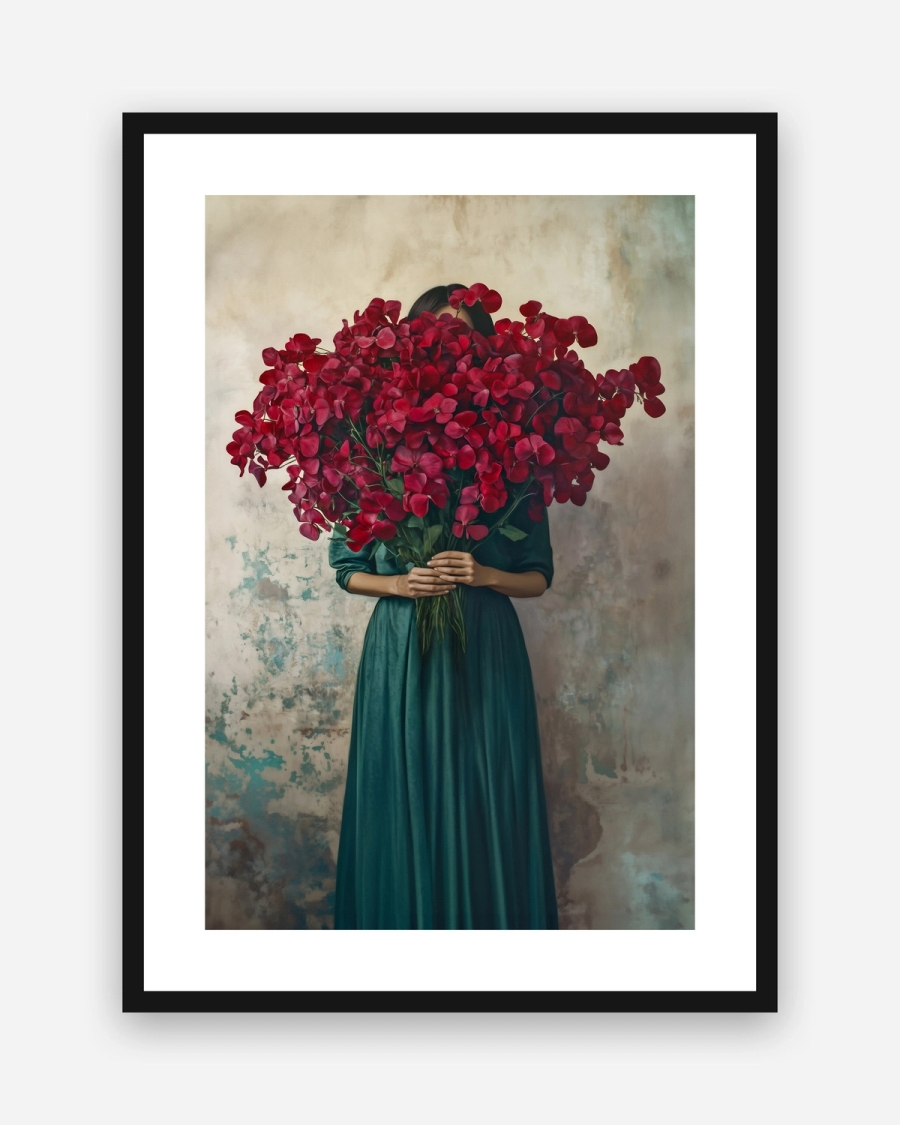 Crimson Bouquet poster with a white border in a black frame