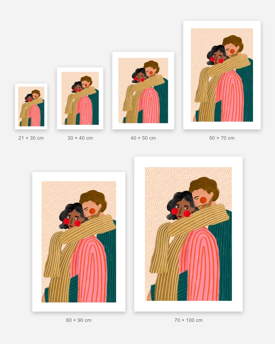 Shared Scarf poster in 6 sizes, shown to scale: 21 × 30, 30 × 40, 40 × 50, 50 × 70, 60 × 90 and 70 × 100 cm