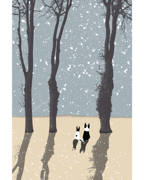 Illustrated cats walking through snowy trees