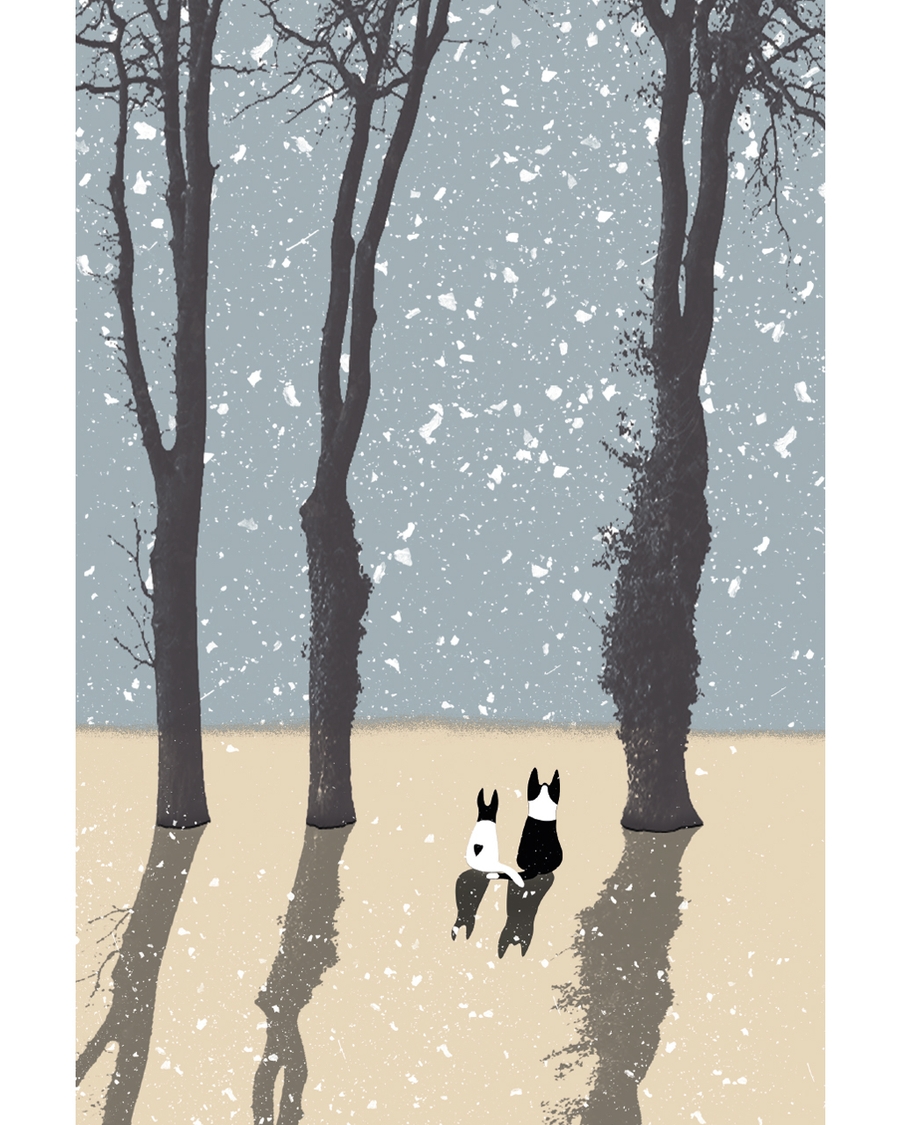 Illustrated cats walking through snowy trees
