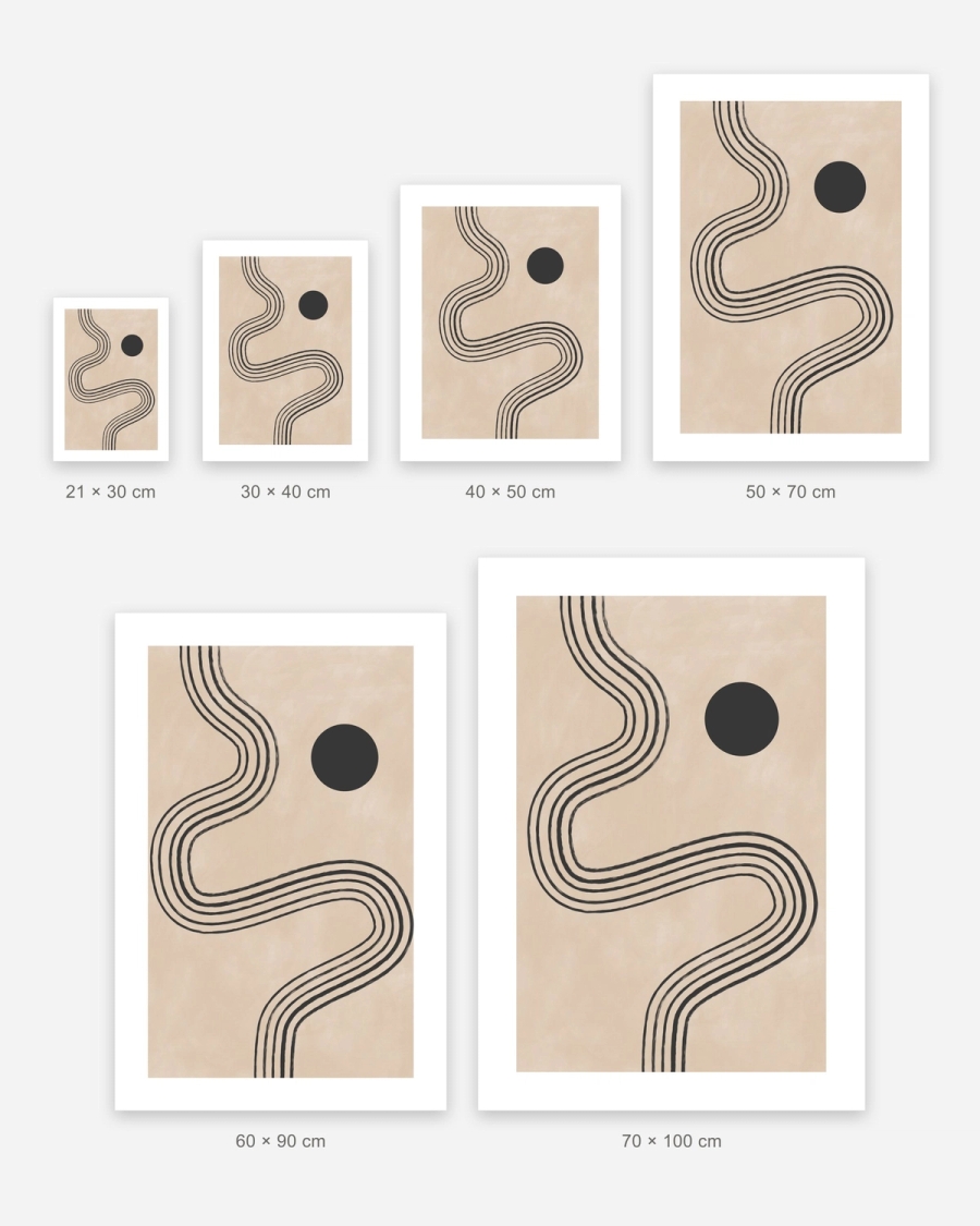 Winding Ink Path poster in 6 sizes, shown to scale: 21 × 30, 30 × 40, 40 × 50, 50 × 70, 60 × 90 and 70 × 100 cm