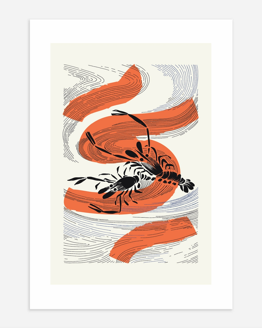 Graphic lobster illustration with flowing orange brush strokes