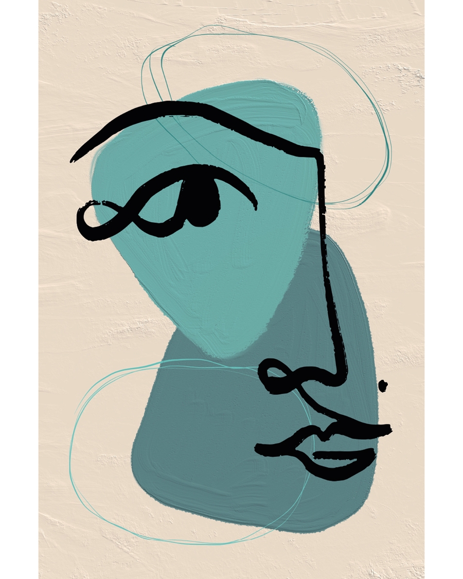 Abstract teal face with black line on beige background