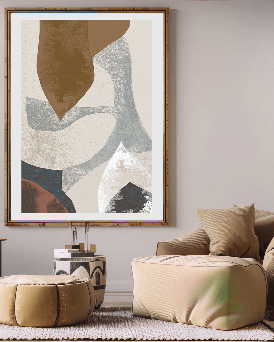 A poster of a Abstract poster with brown, blue, and white layered shapes