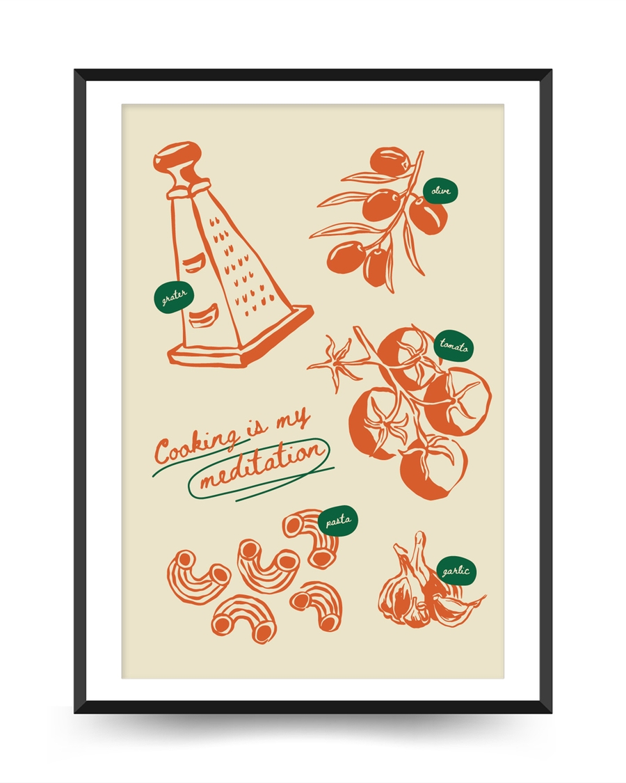 A poster of a Illustrated kitchen ingredients with cooking meditation text