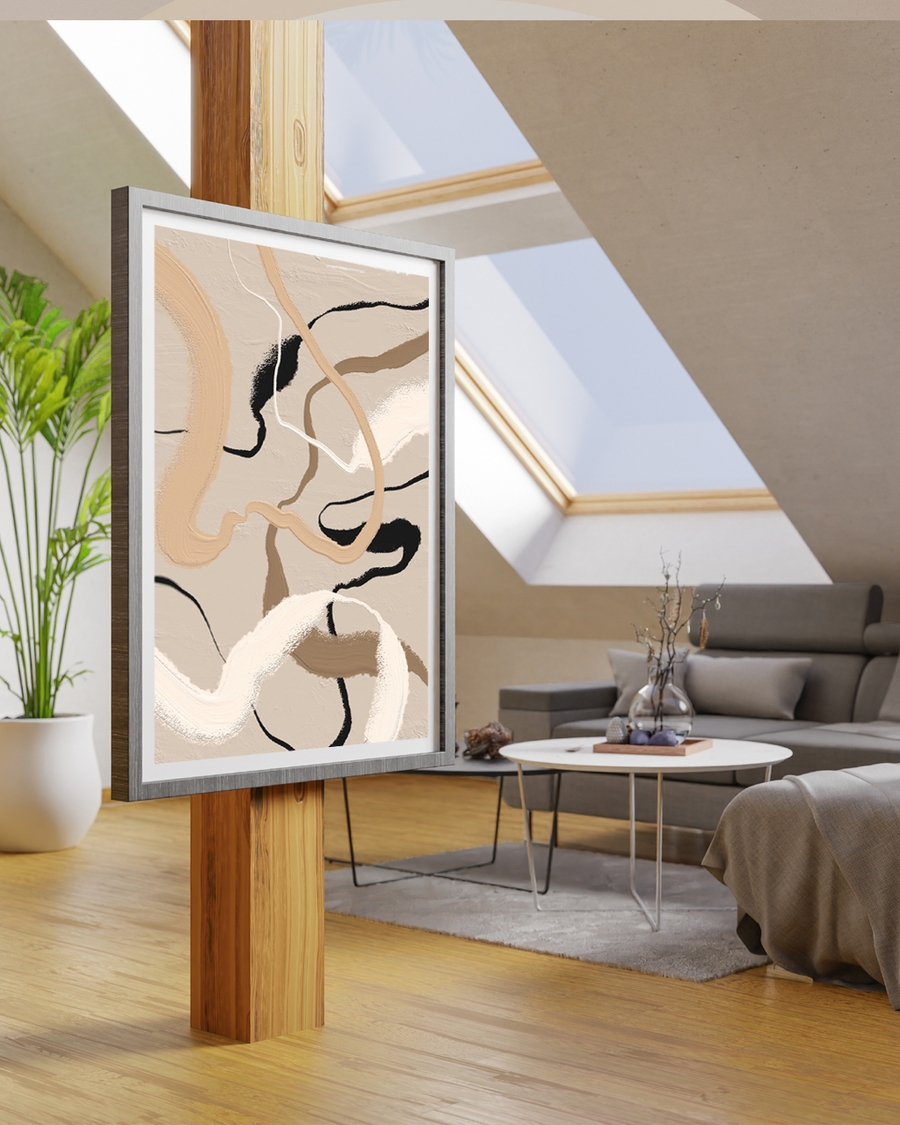 A poster of a abstract beige and black lines on textured background