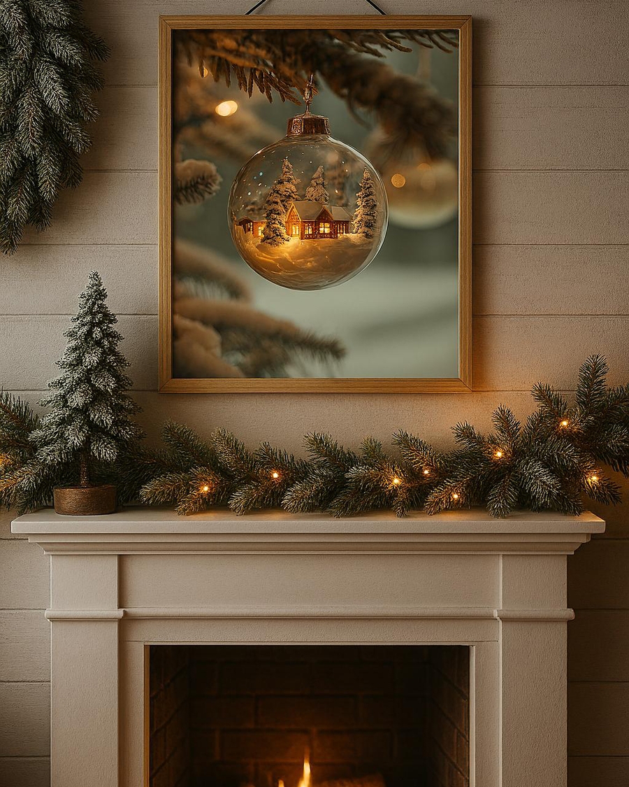 A poster of a glass ornament with snowy cabin and pine trees