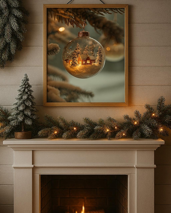 A poster of a glass ornament with snowy cabin and pine trees