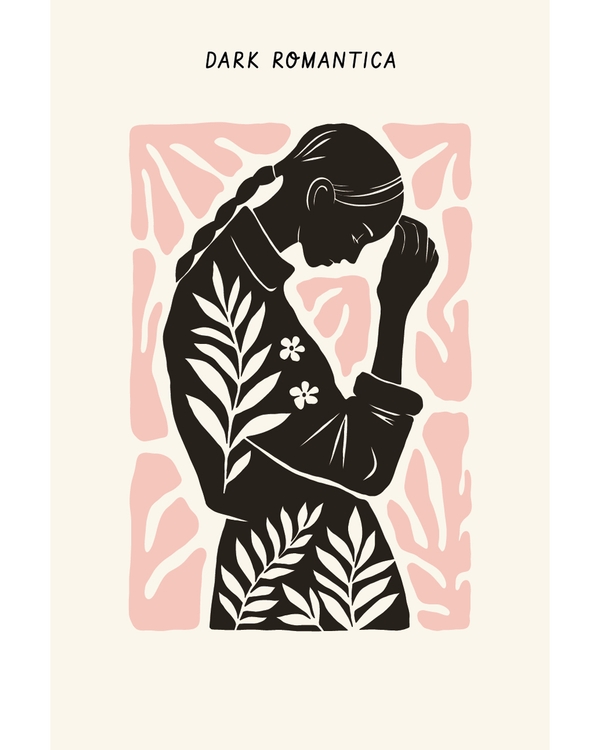 Abstract silhouette figure with leaves and pink background