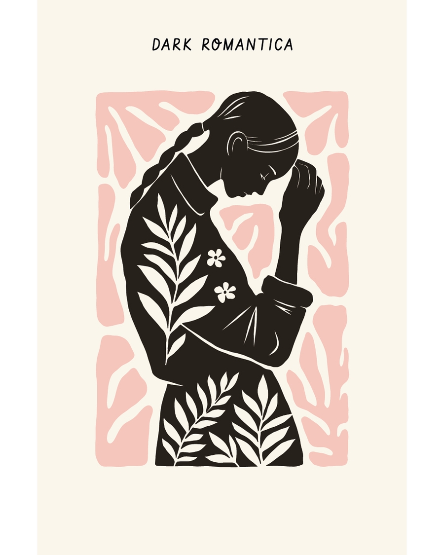 Abstract silhouette figure with leaves and pink background