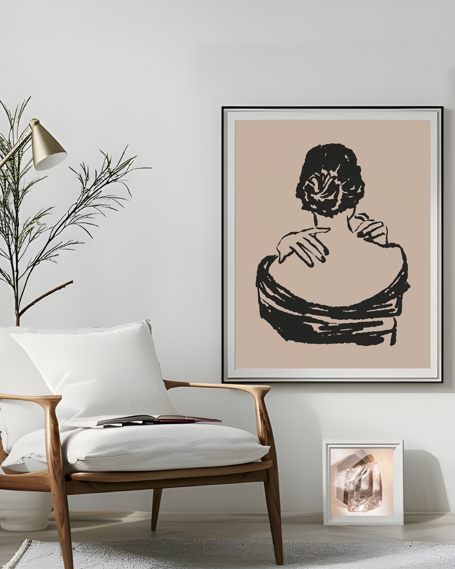 A poster of a minimalist line art of a woman’s back
