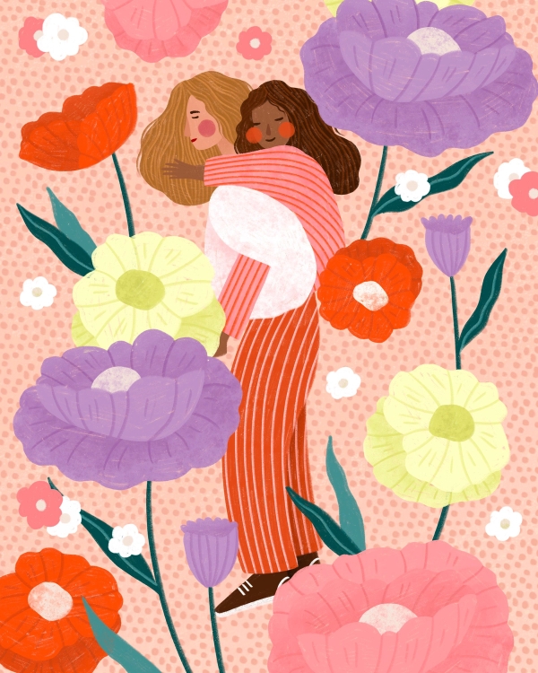 Illustration of two women hugging among oversized coral, purple and yellow flowers on a dotted peach ground
