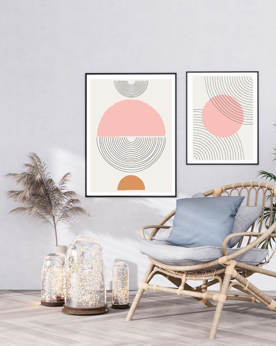 A poster of a abstract poster with layered semicircles and blush tones.